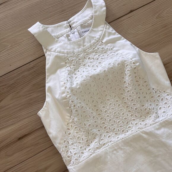 Calvin Klein 100% Cotton White Eyelet Sheath Halter Neck Dress Size 4 - Picture 4 of 5
